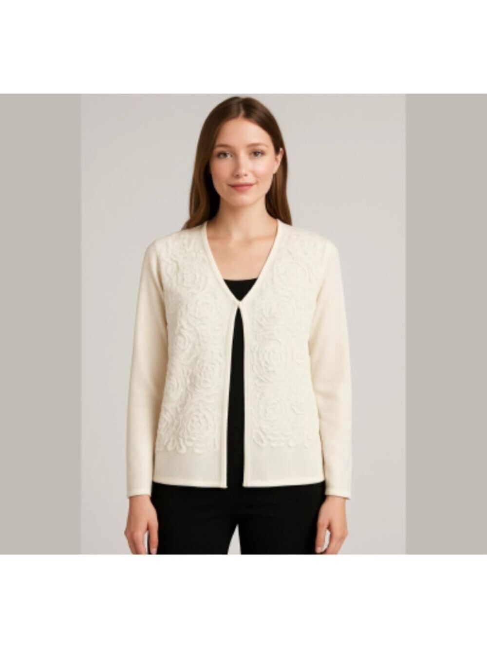 Vintage Designers Originals cardigan with front floral appliqué cream Sz M-L